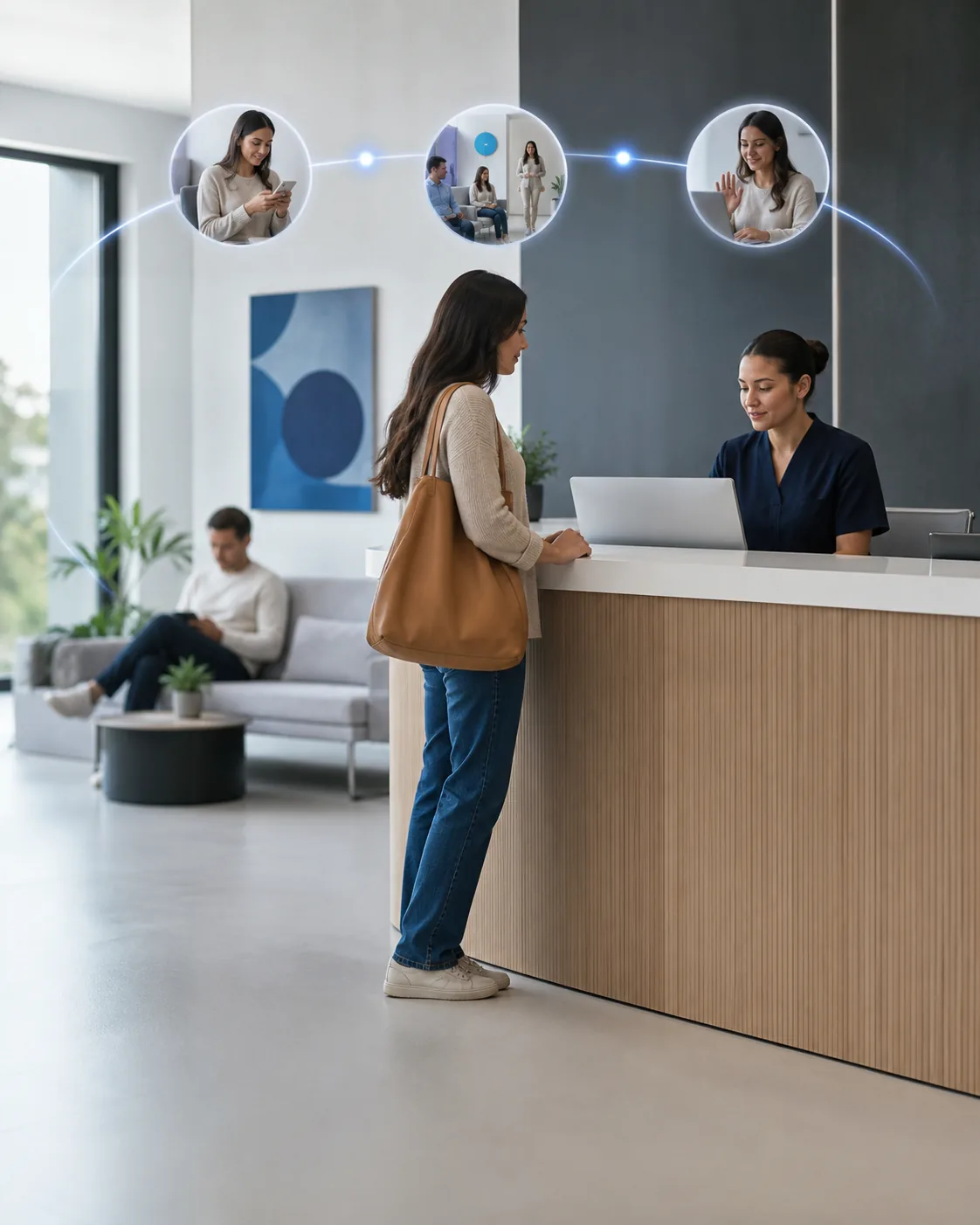 Recepción contemporánea de un hotel latinoamericano atendiendo a una huésped