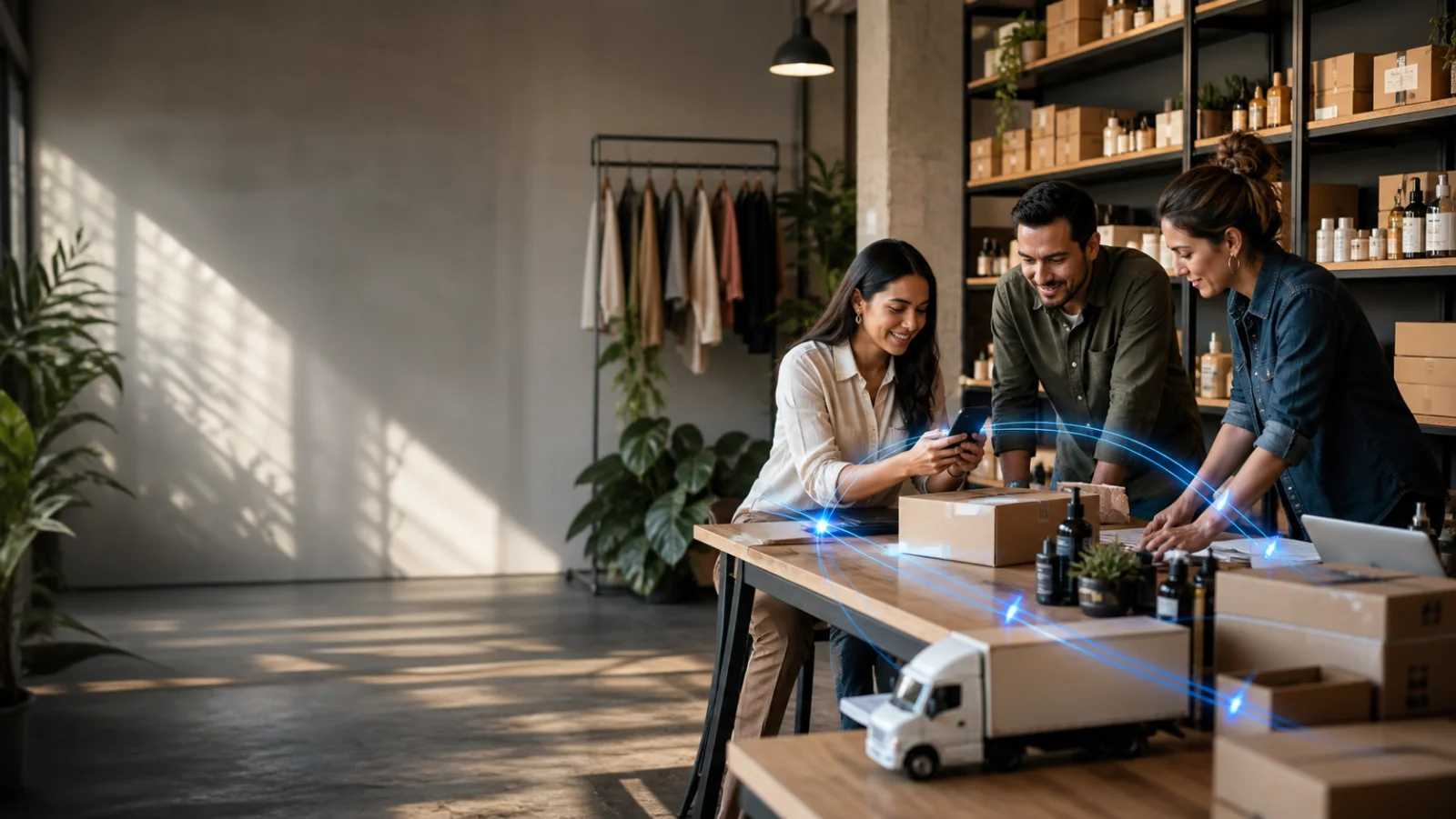 Equipo de comercio latinoamericano conectando pedidos, inventario y entregas