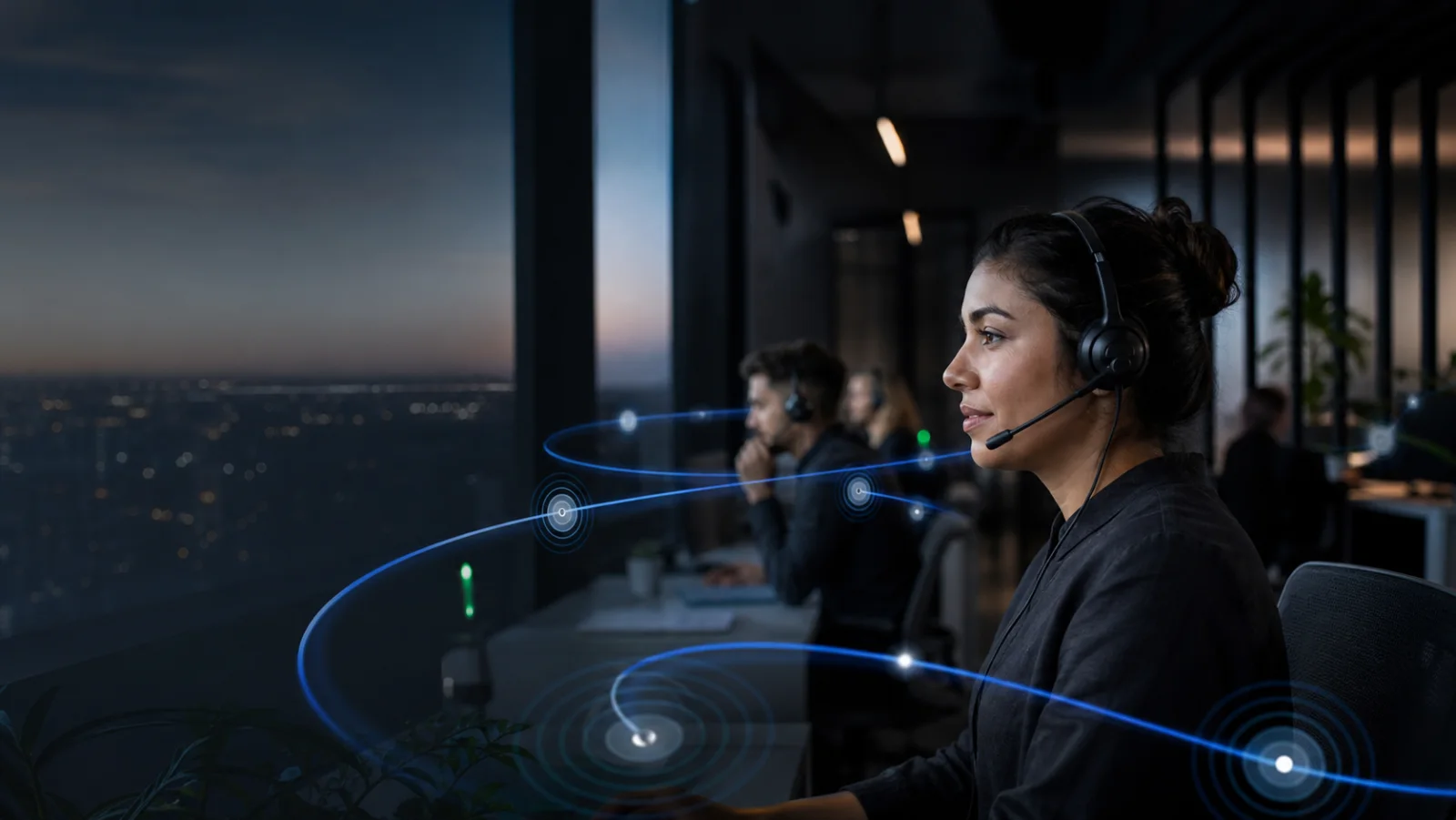 Operación telefónica moderna con agentes humanos y rutas digitales de atención
