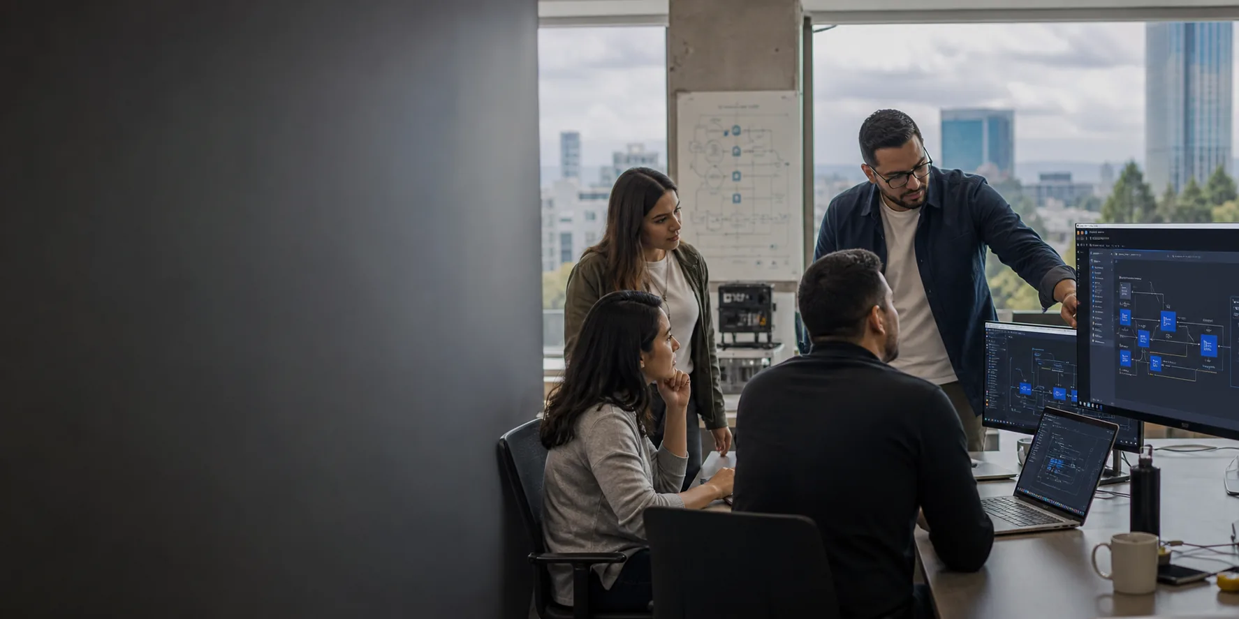 Equipo tecnológico conceptual colaborando en una operación de integración digital